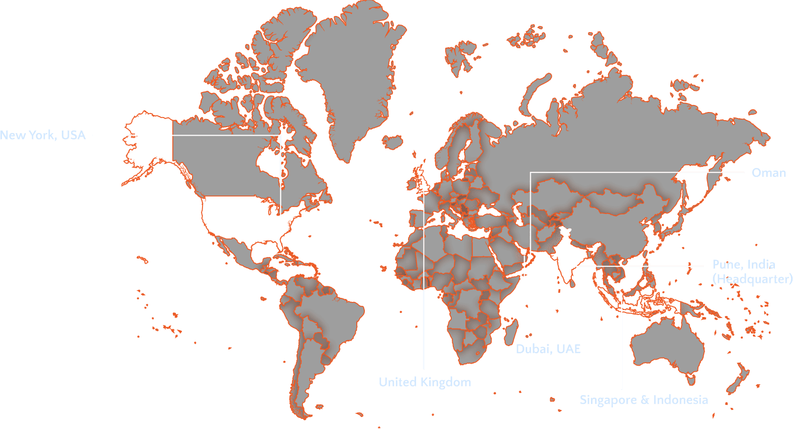 Byte schema global presence map showing offices in USA, UAE, India, and Singapore
